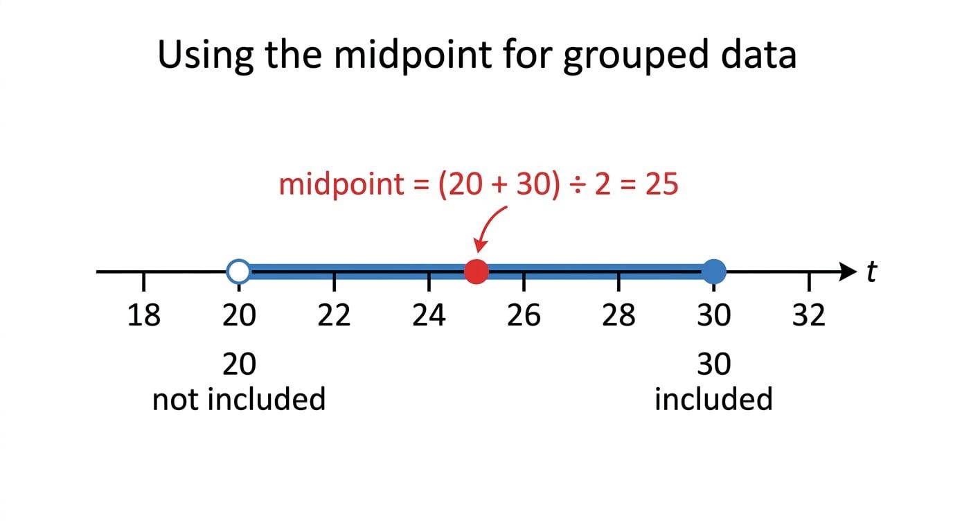Number line showing a grouped class interval and its midpoint