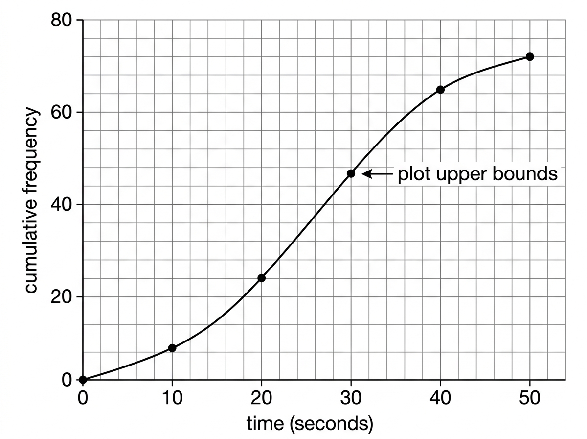 Cumulative frequency graph showing upper bounds plotted against cumulative frequency