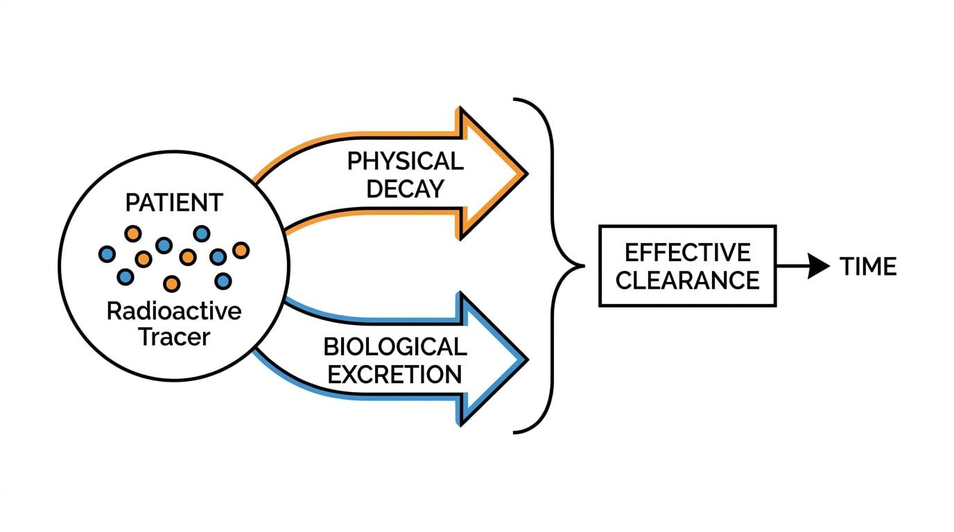 Diagram showing physical decay and biological excretion combining to form effective clearance