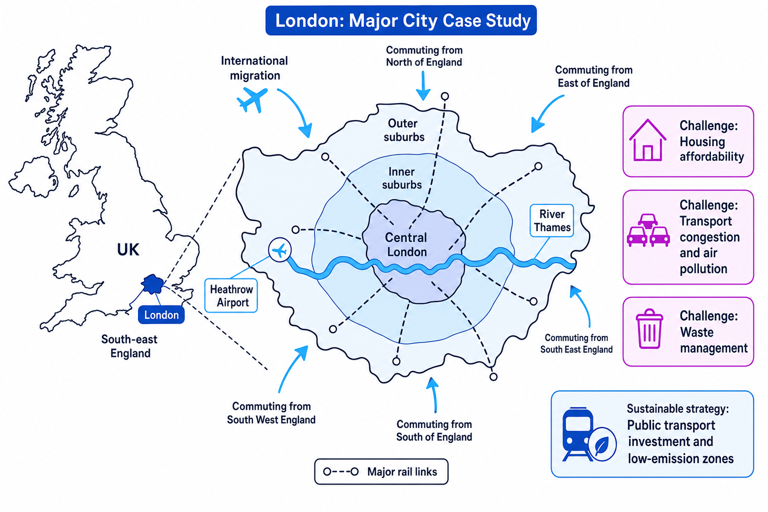 Schematic map showing London’s location, transport links, migration and key urban challenges