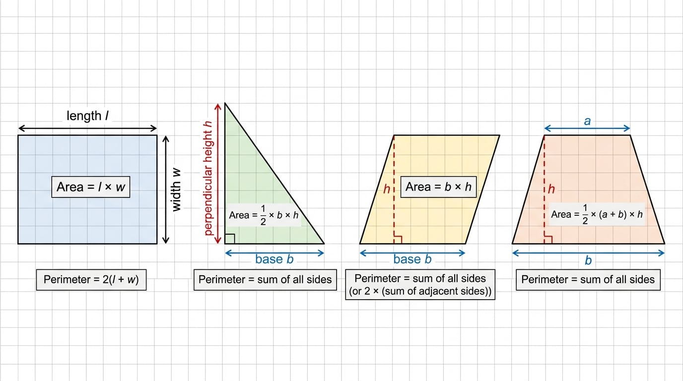 Area formulas for rectangle, triangle, parallelogram and trapezium