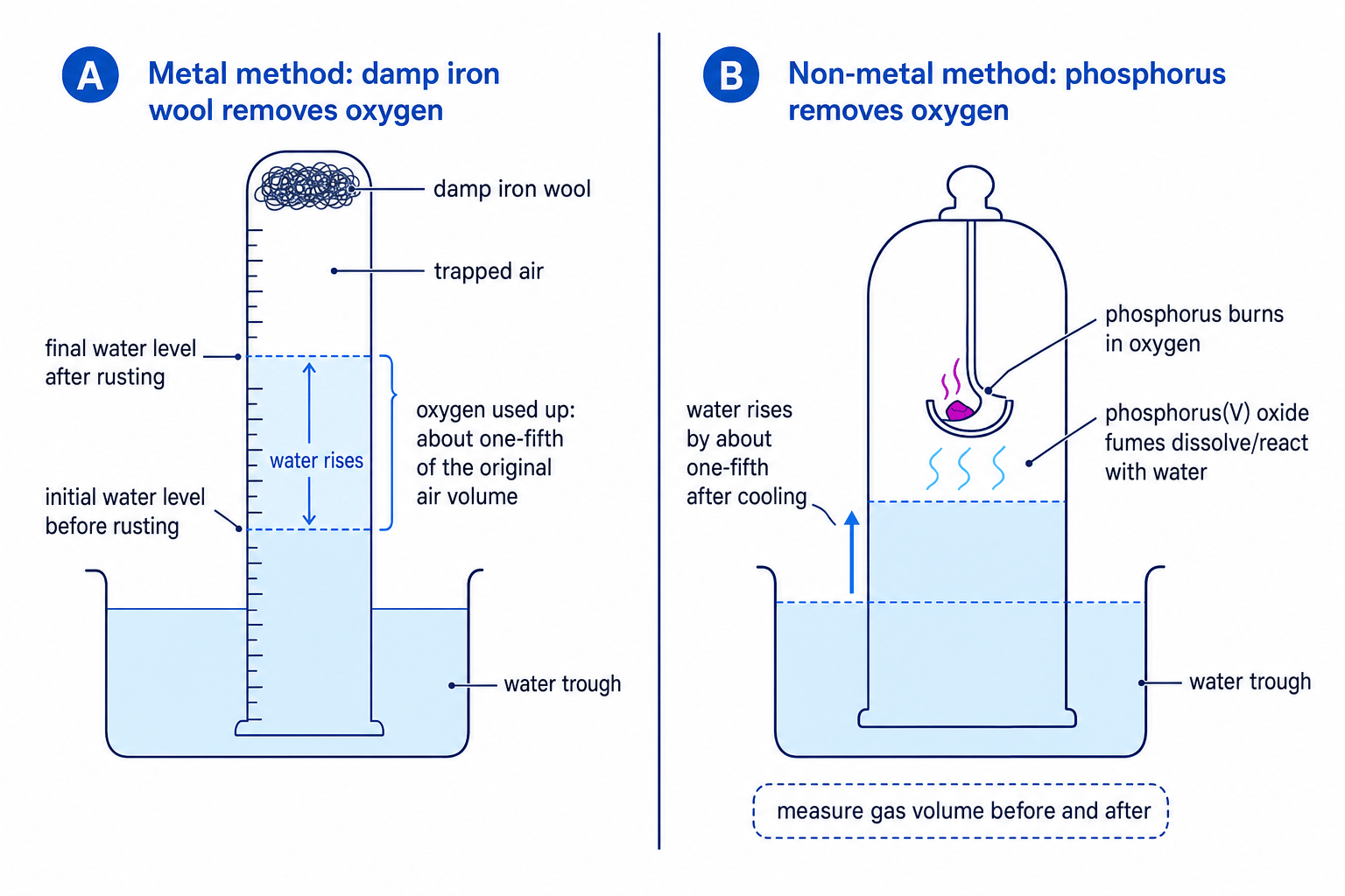 Diagrams showing iron wool and phosphorus methods for measuring oxygen percentage in air