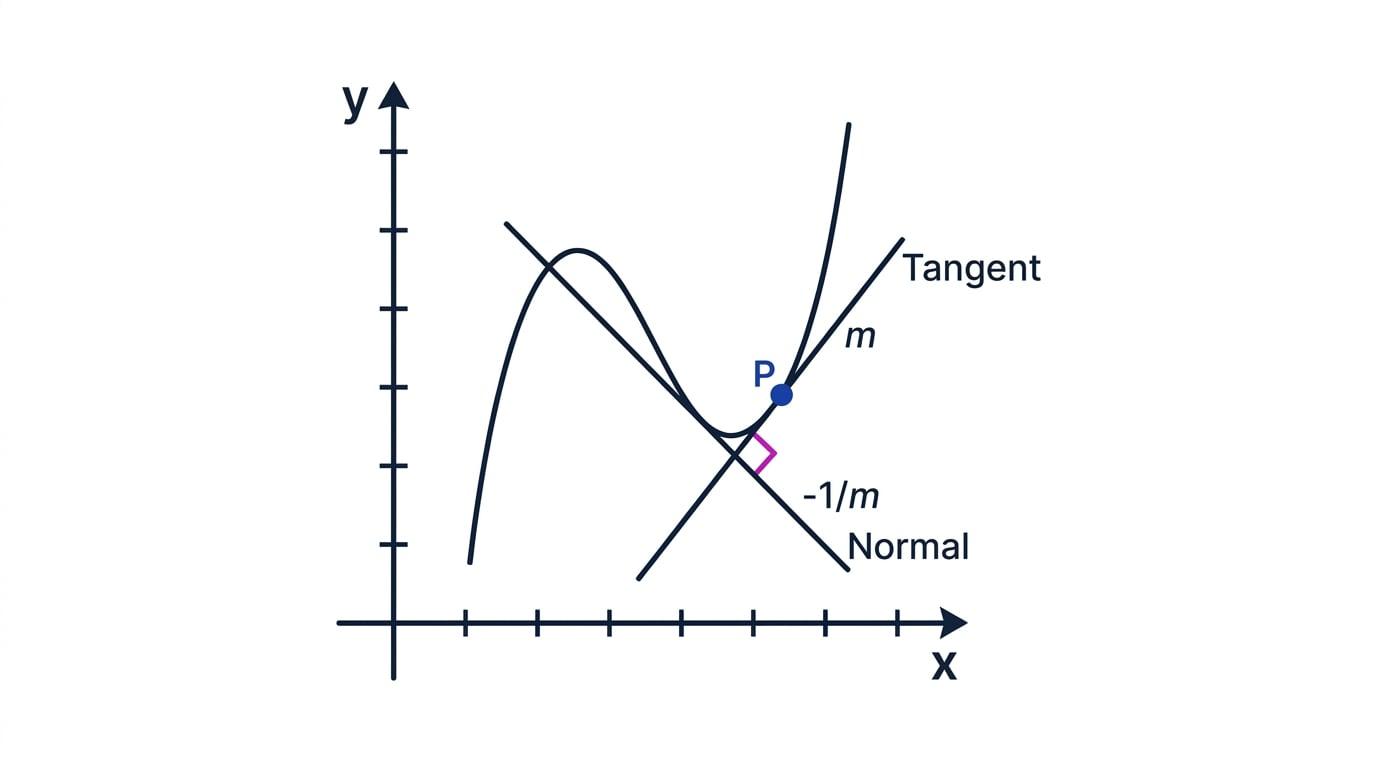 A curve with its tangent and perpendicular normal at a marked point