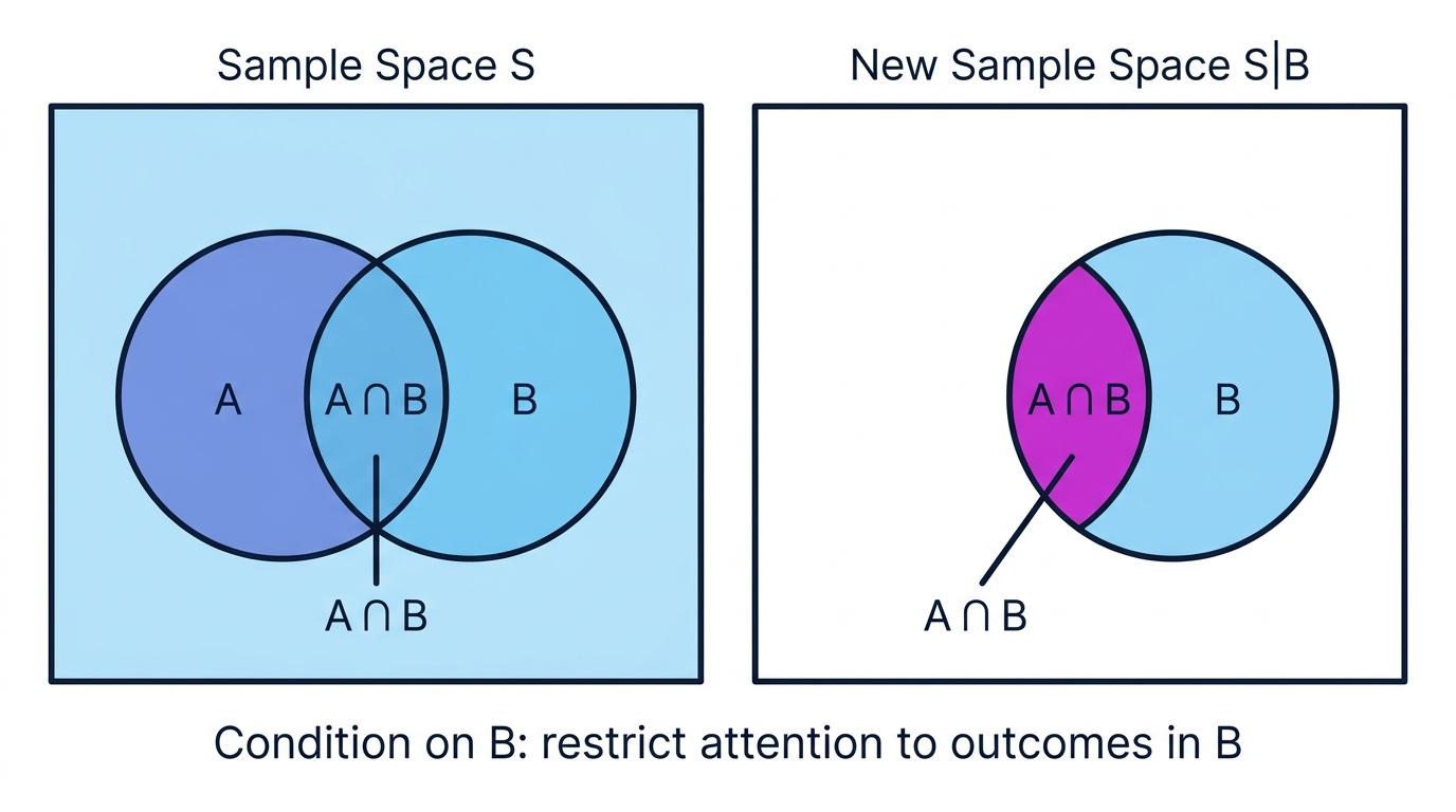 A Venn diagram showing the original sample space and how conditioning on B restricts attention to B, with the intersection of A and B highlighted