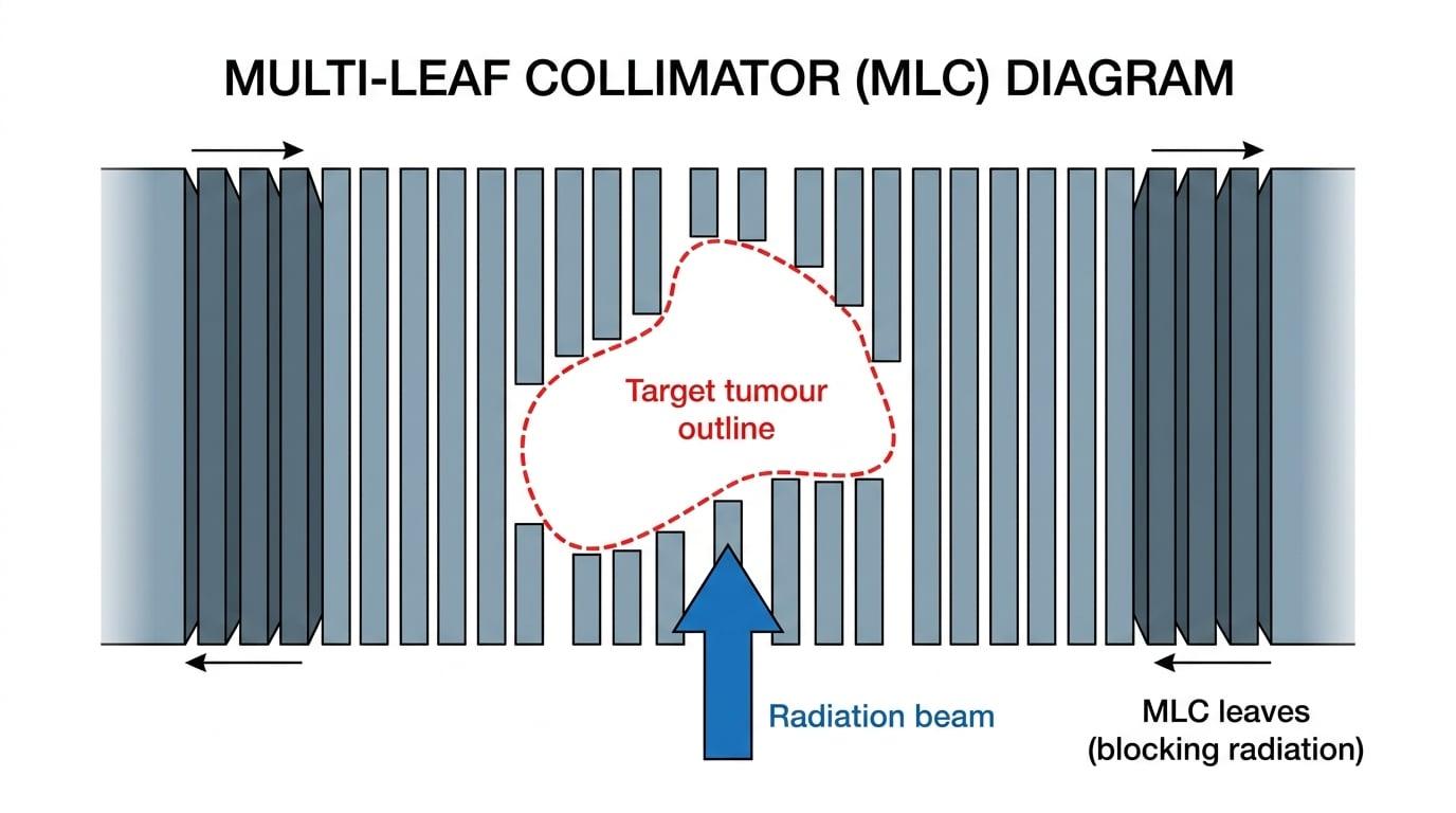 Diagram of a multi-leaf collimator (MLC) used in radiotherapy. A top-down view of a radiation beam opening, showing parallel sliding heavy metal plates (leaves) arranged to form an irregular, jagged opening that matches the shape of a target tumour outline drawn in the centre. The metal leaves block the radiation on the outside.