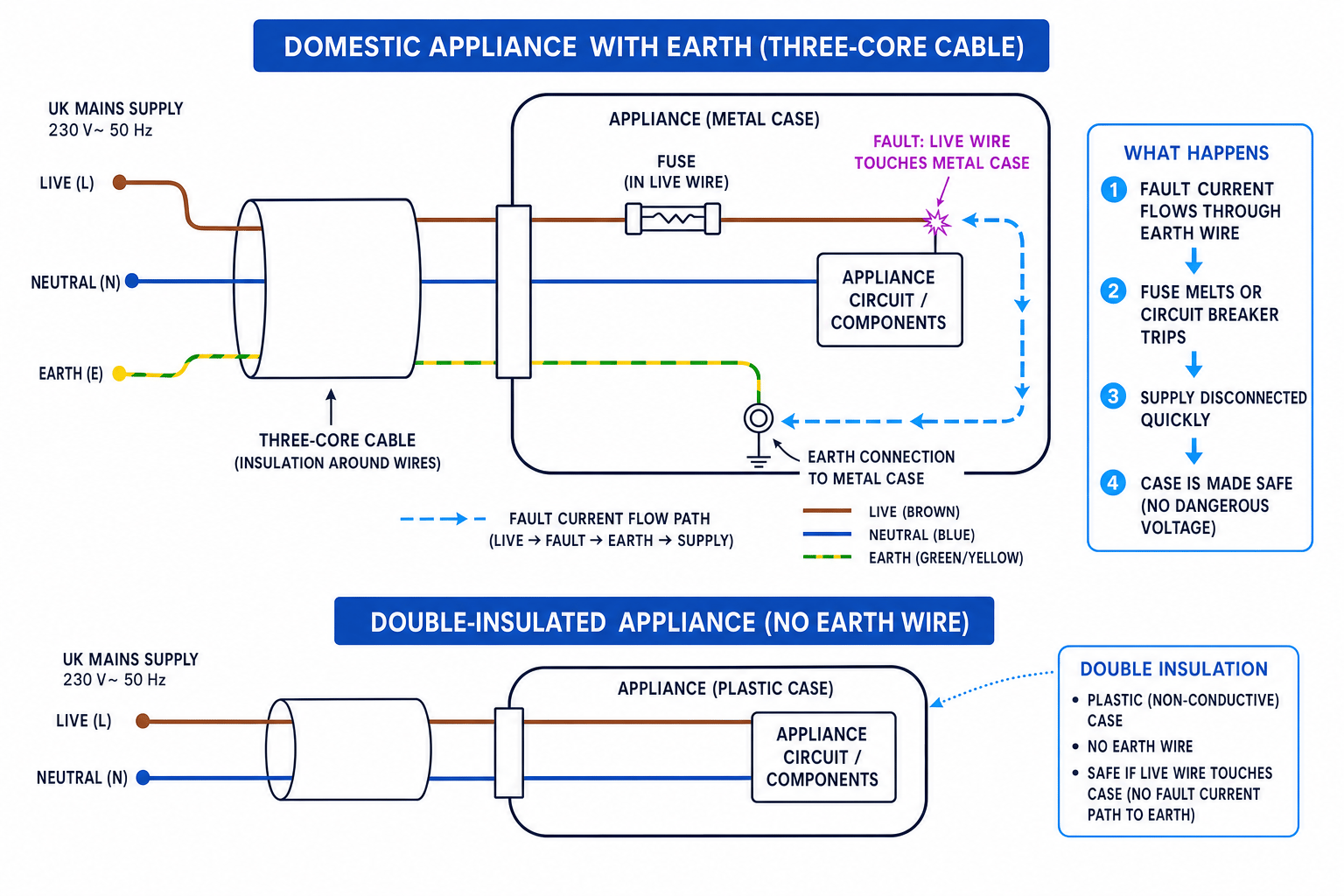 Domestic appliance safety schematic showing insulation, earthing, fuses, circuit breakers and double insulation