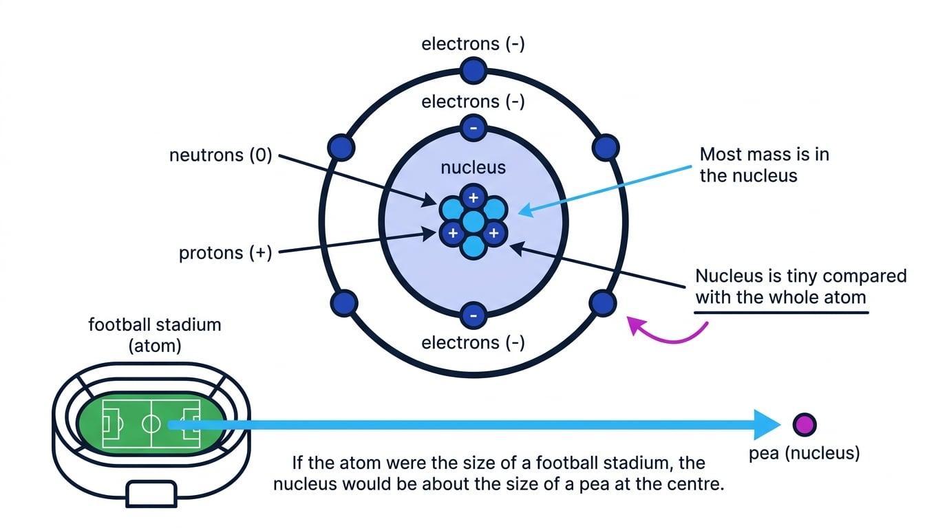 Labelled diagram of an atom showing protons and neutrons in the nucleus, electrons in shells, and a scale comparison between atom and nucleus