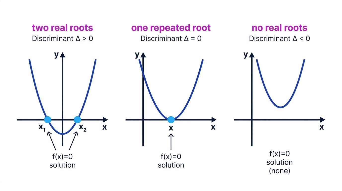 Three quadratic graphs showing two real roots, one repeated root, and no real roots
