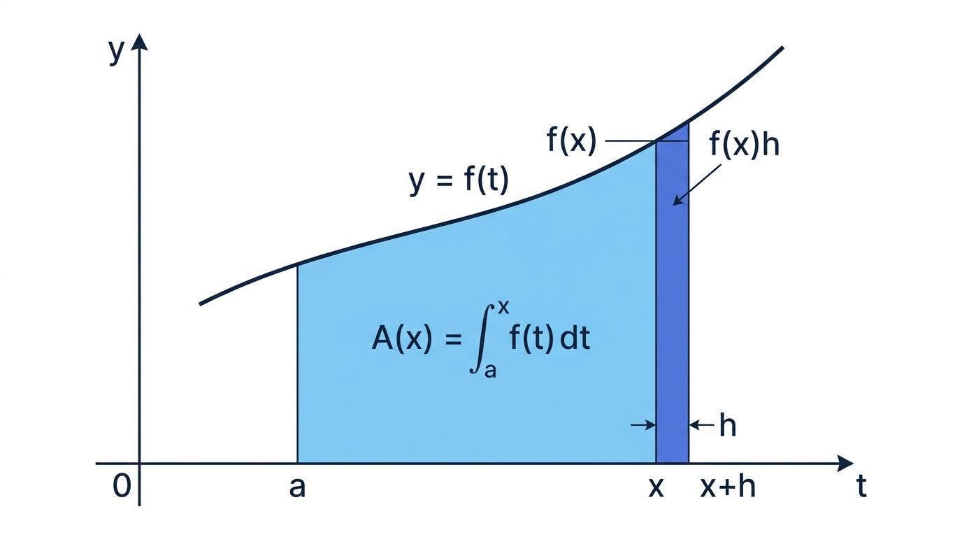 A curve y = f(t) with the accumulated area from a to x shaded and a thin extra strip from x to x+h