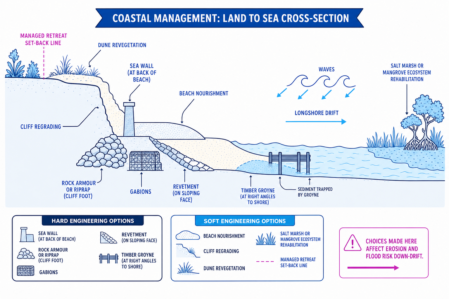 Labelled coastal-management cross-section showing hard and soft engineering strategies