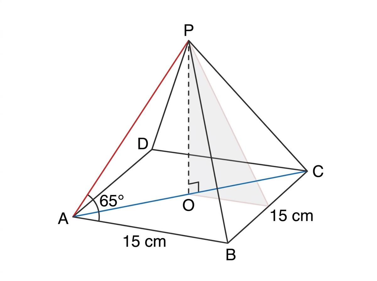 Square-based pyramid showing height, base diagonal and angle at A