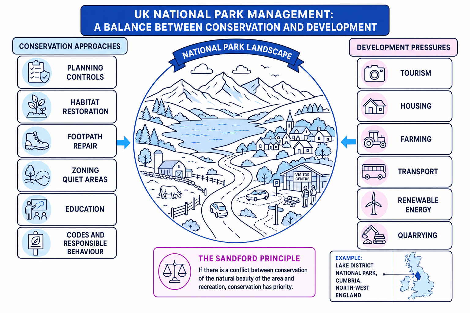 Diagram showing UK National Park management balancing conservation and development pressures
