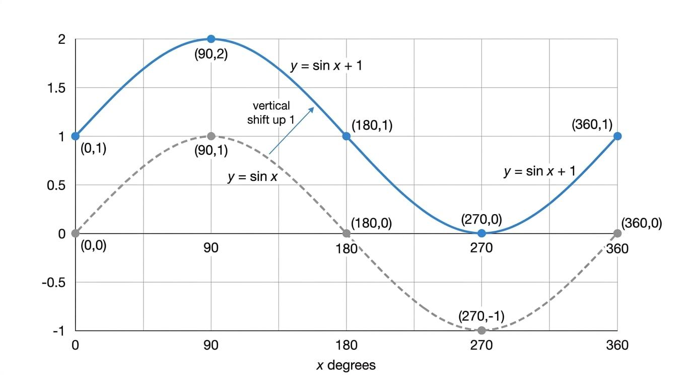 Graph showing y equals sin x and y equals sin x plus 1 from 0 to 360 degrees