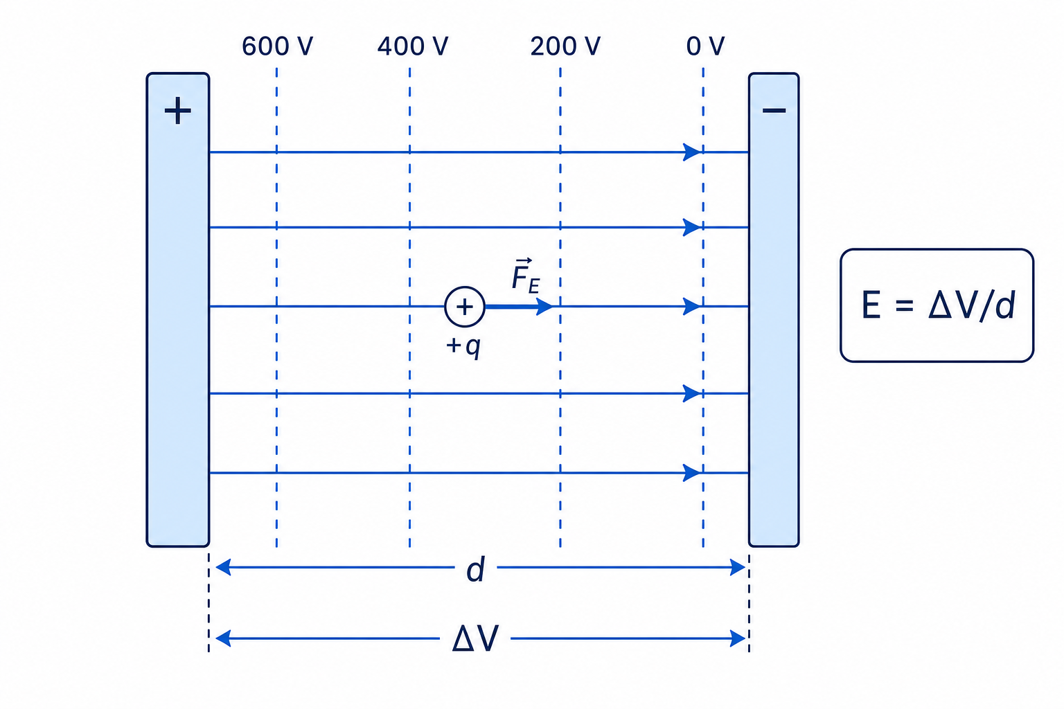 Parallel plates showing electric field lines and equipotentials