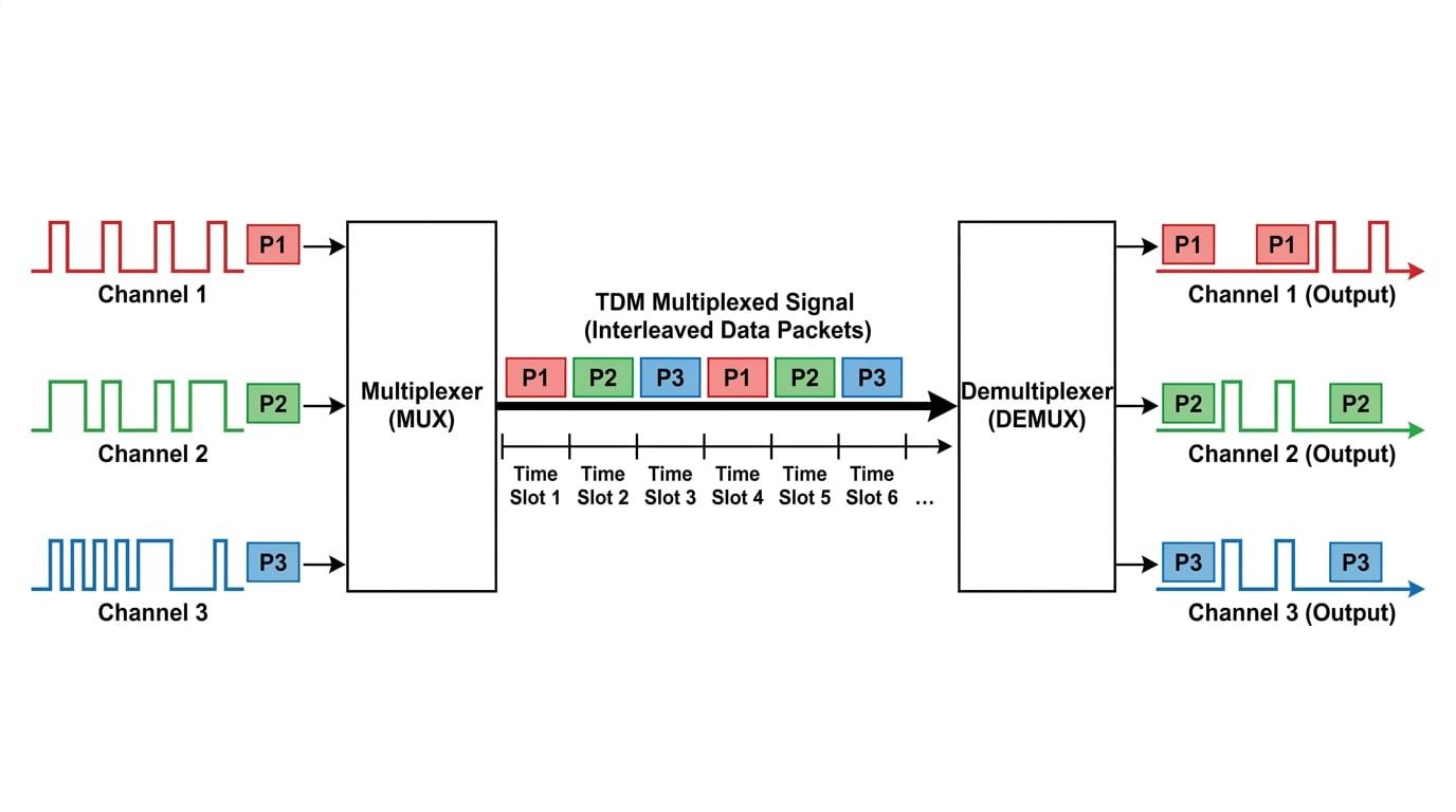 Diagram of Time Division Multiplexing showing channels combining into a single stream and separating again