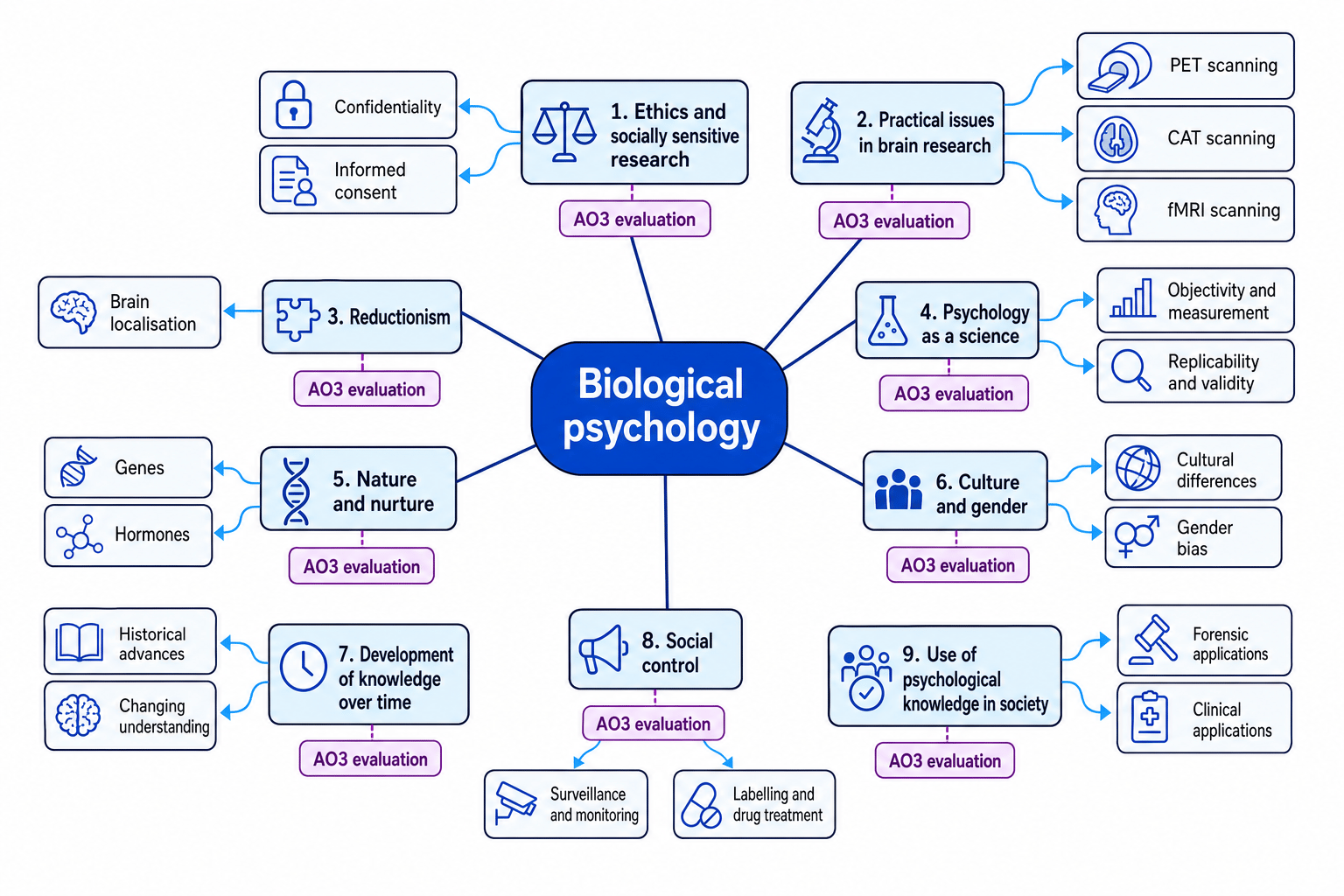 Concept map of issues and debates in biological psychology