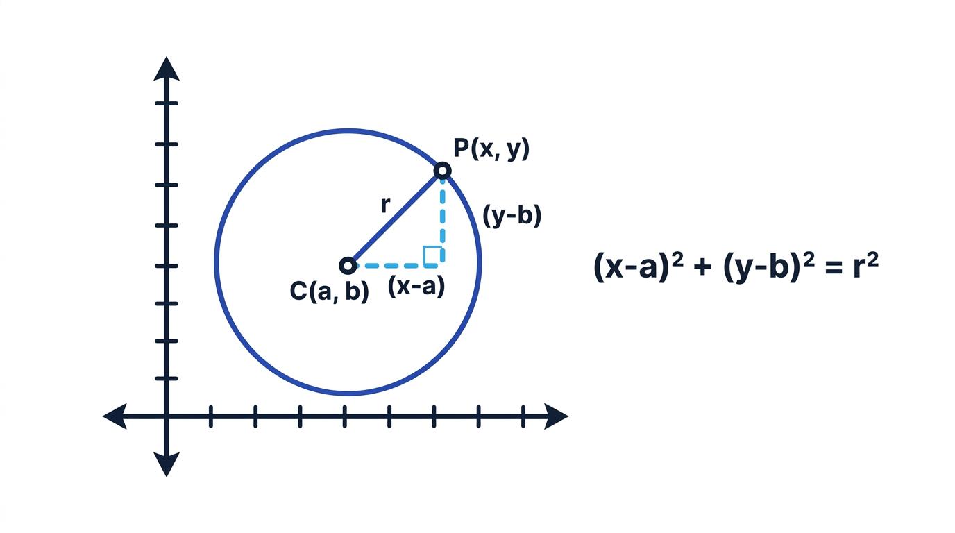 A circle with centre C at (a, b), radius r and a right-angled triangle showing horizontal displacement x-a and vertical displacement y-b