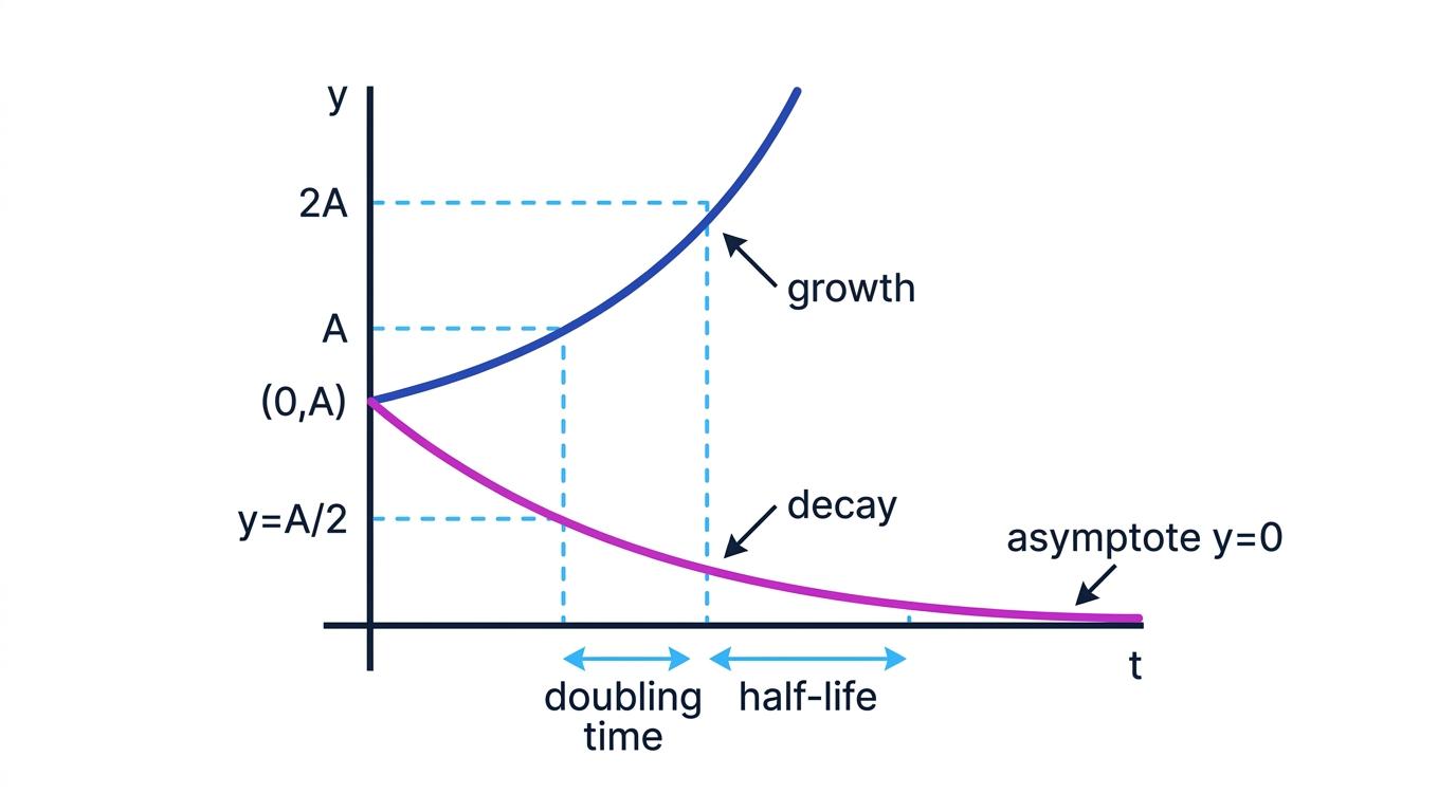 Exponential growth and decay curves with doubling time and half-life