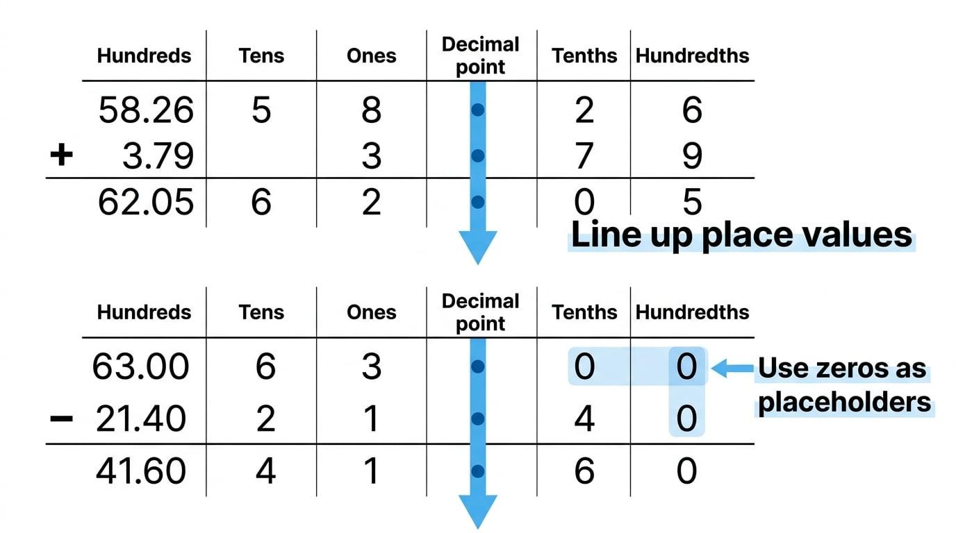 Place value chart showing decimal points lined up for addition and subtraction