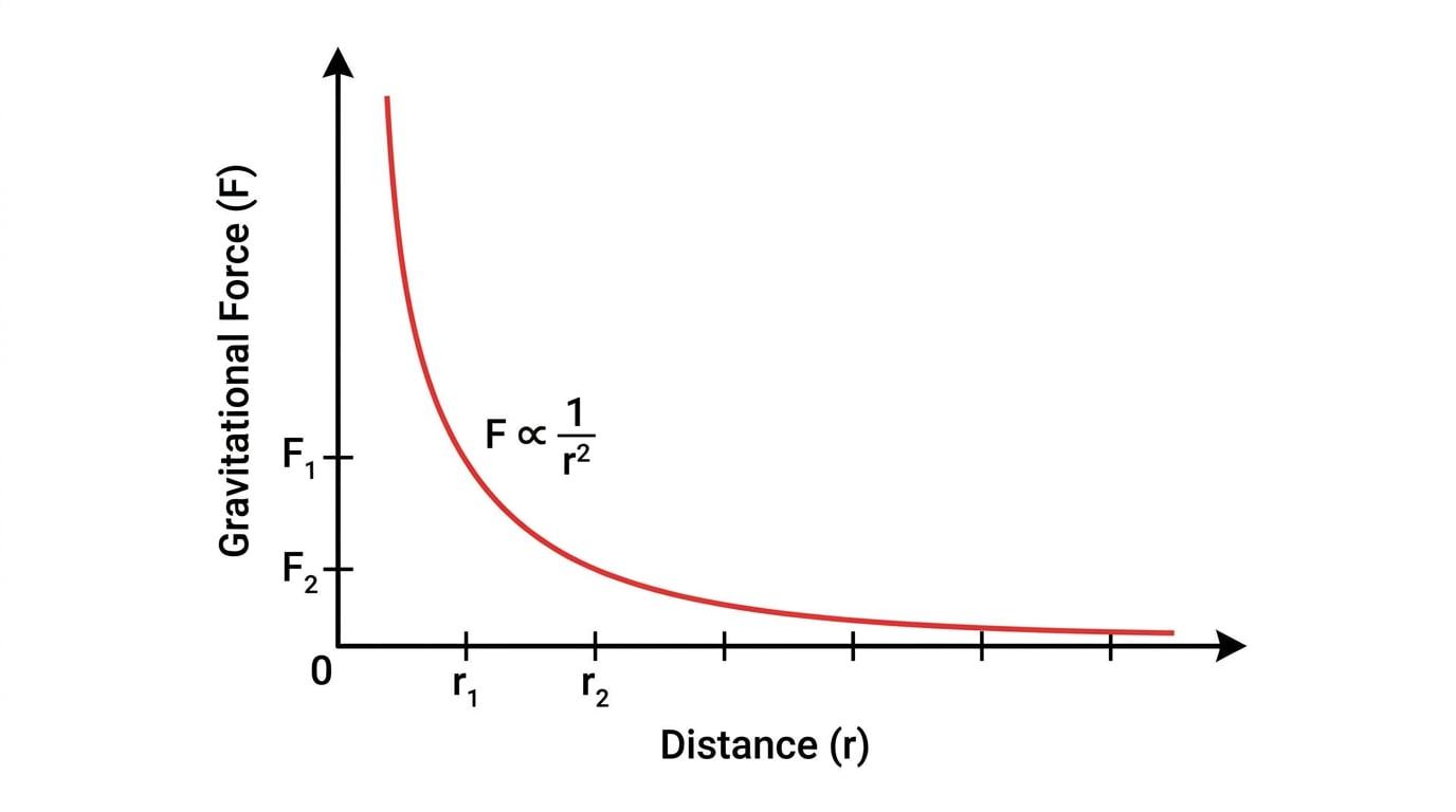 A 2D line graph showing Gravitational Force (F) against distance (r) decaying smoothly