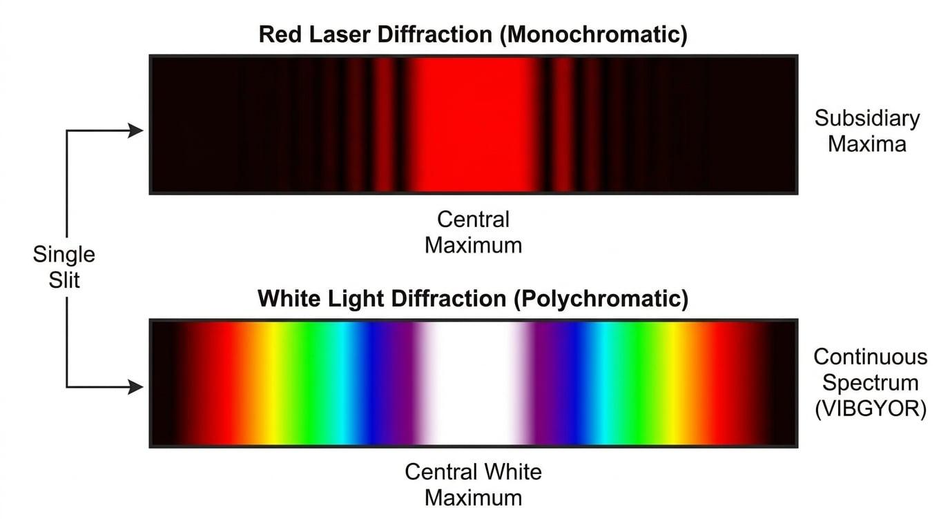Single slit diffraction patterns for monochromatic and white light