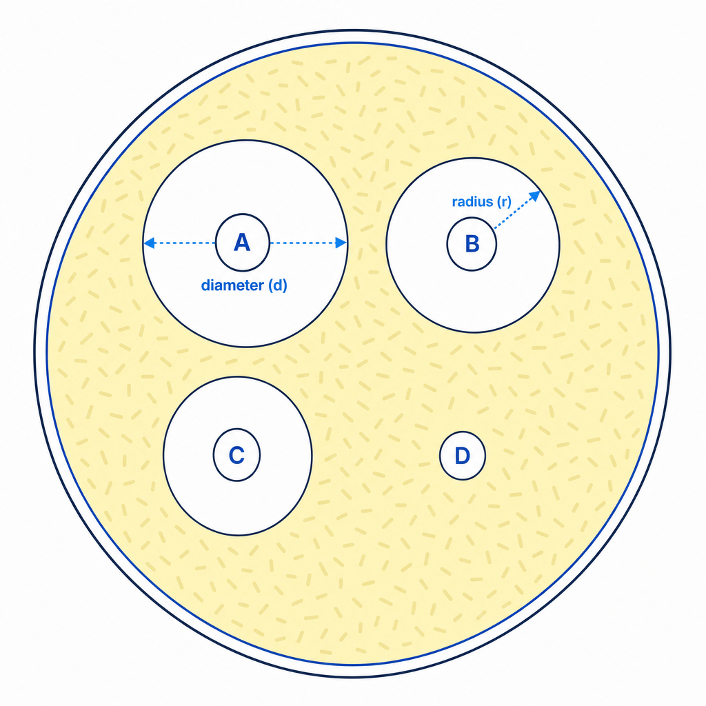 Bacterial culture plate with zones of inhibition