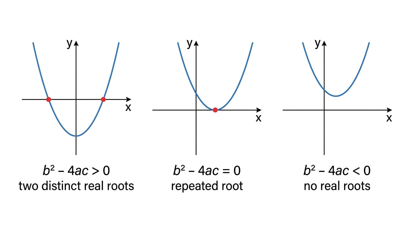 Three parabolas showing the discriminant cases: two roots, repeated root, and no real roots