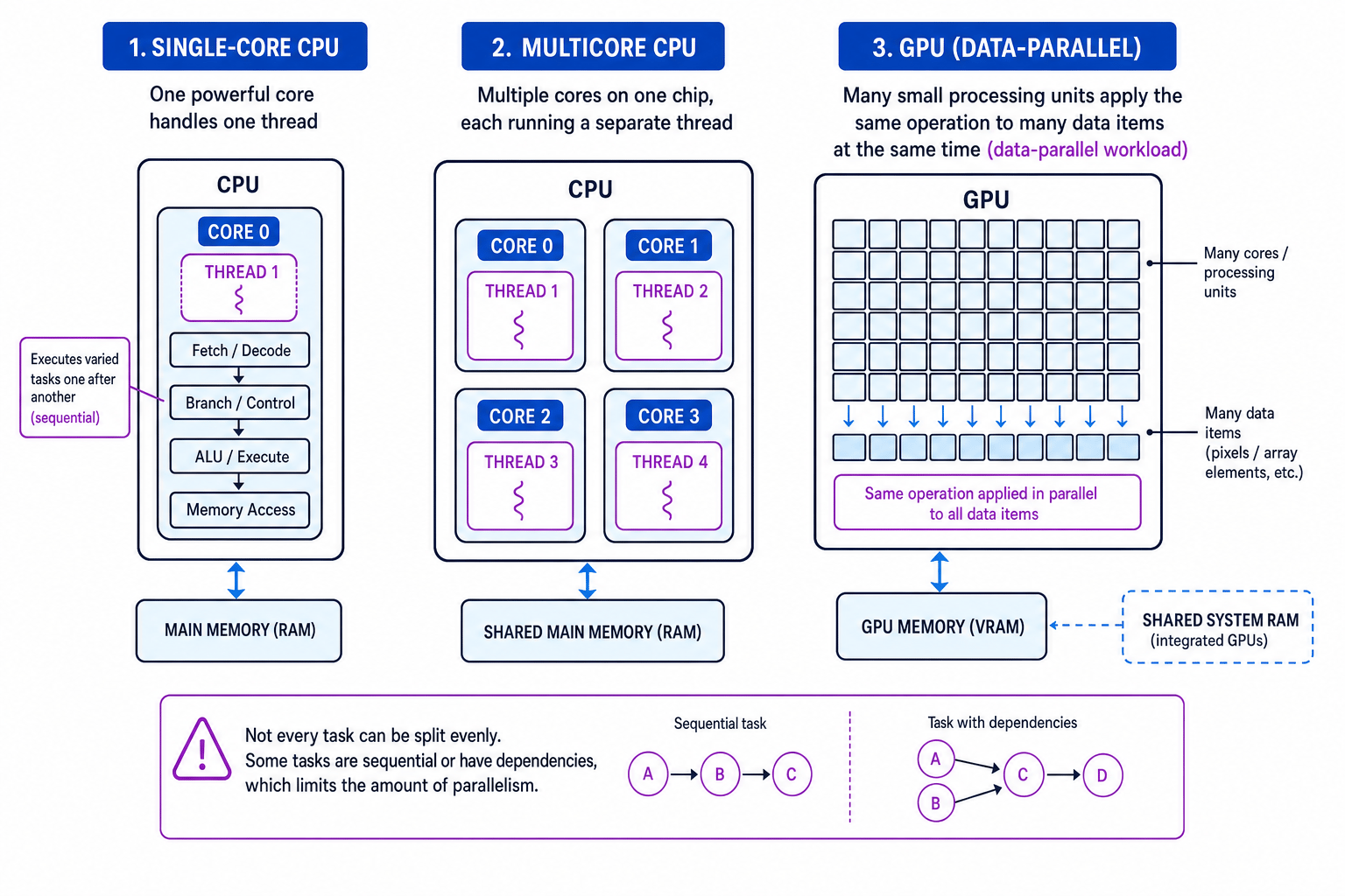 CPU, multicore CPU and GPU parallelism