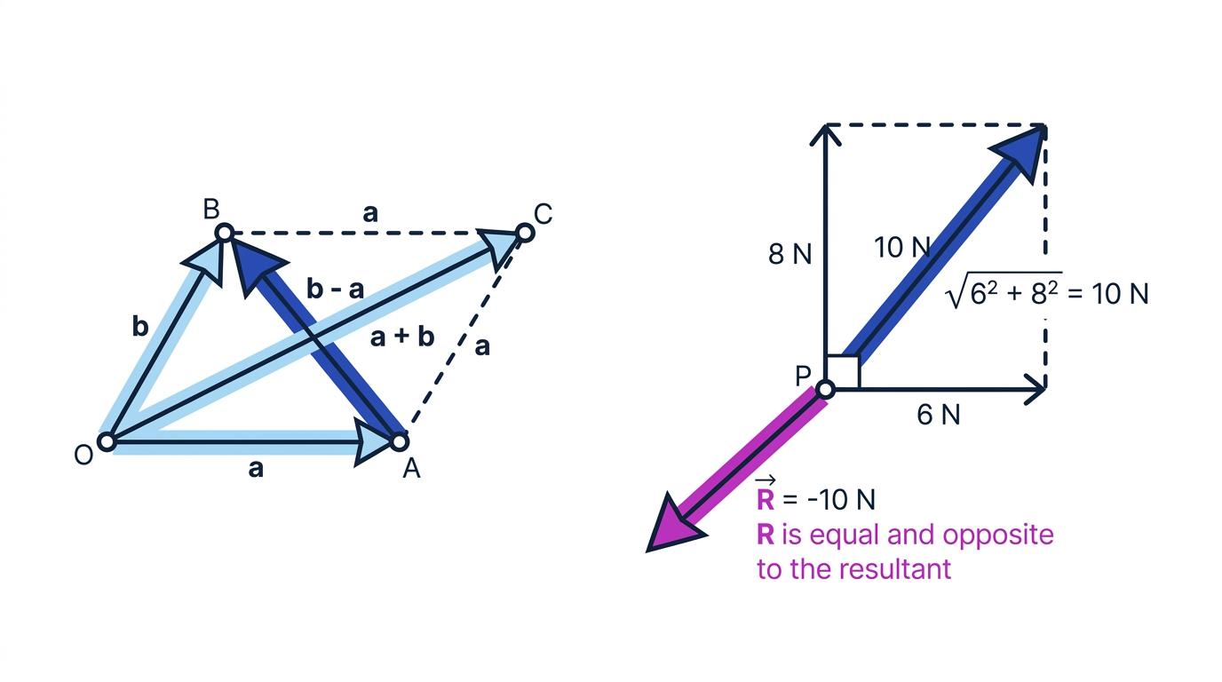 Position-vector subtraction from A to B and equilibrium of three concurrent forces