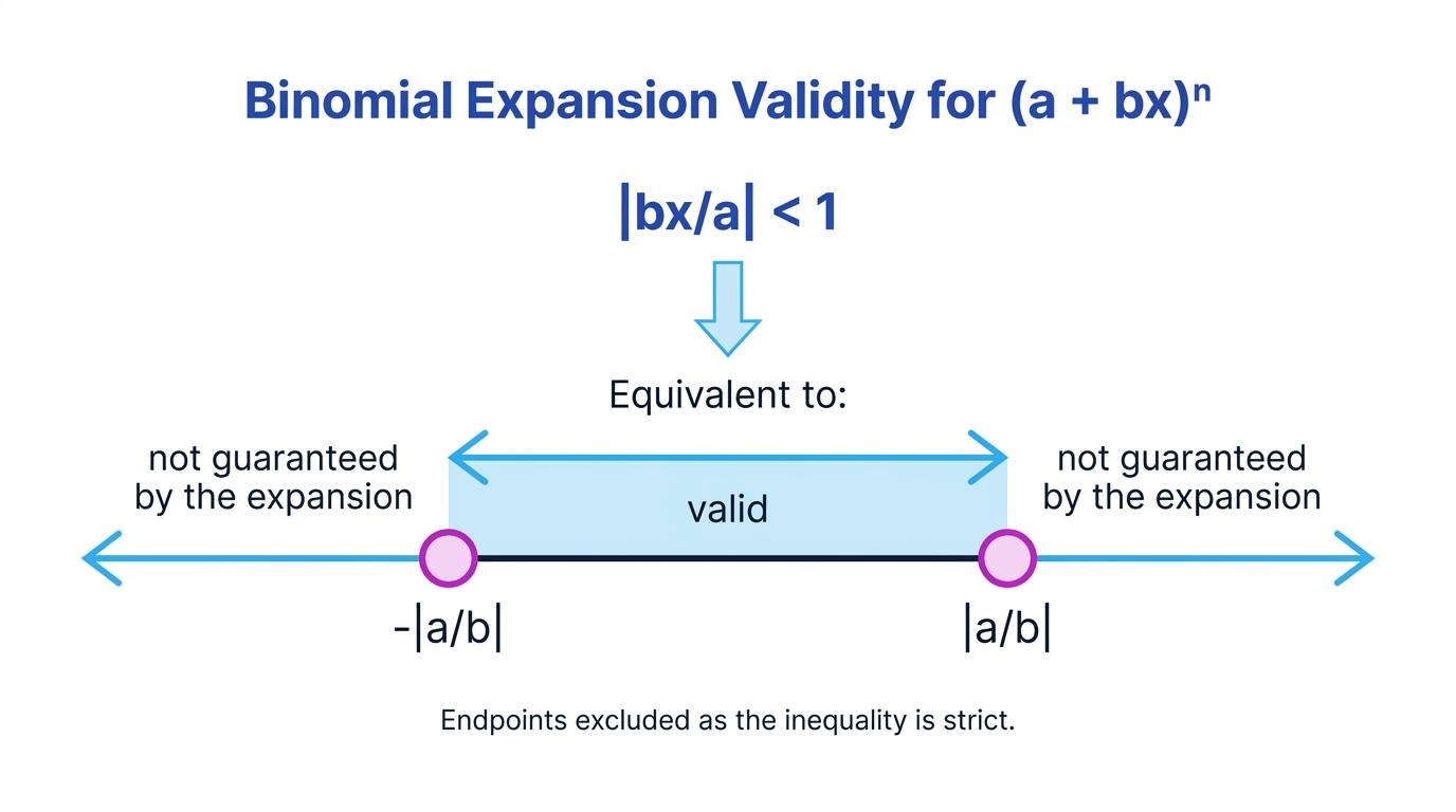Number line showing that the expansion is valid strictly between minus the absolute value of a over b and the absolute value of a over b