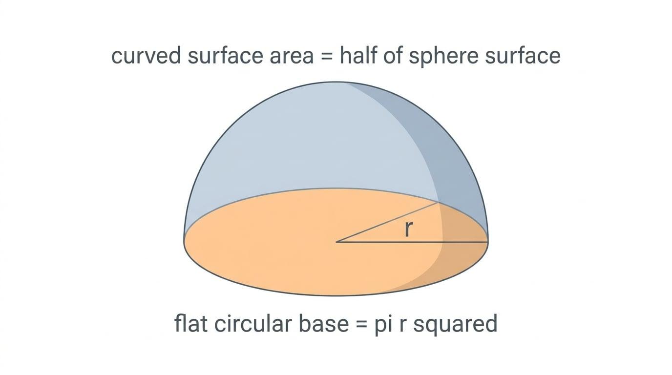 Labelled hemisphere showing curved surface and flat circular base