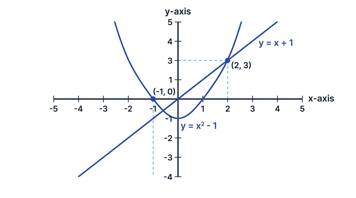 The line y = x + 1 and parabola y = x squared minus 1 intersecting at negative 1 comma 0 and 2 comma 3