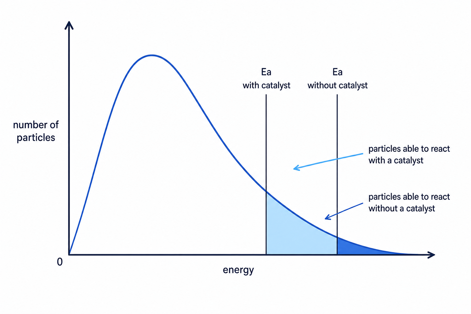 Maxwell–Boltzmann distribution showing a lower activation energy with a catalyst and a larger area of particles able to react