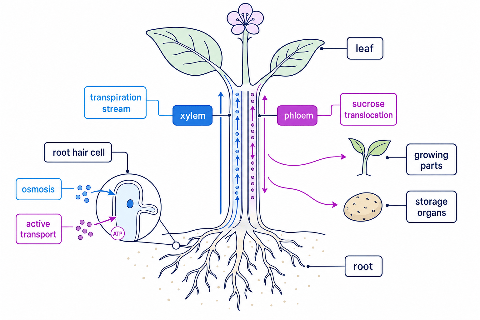 Labelled schematic of xylem, phloem, root hair cells and transpiration stream