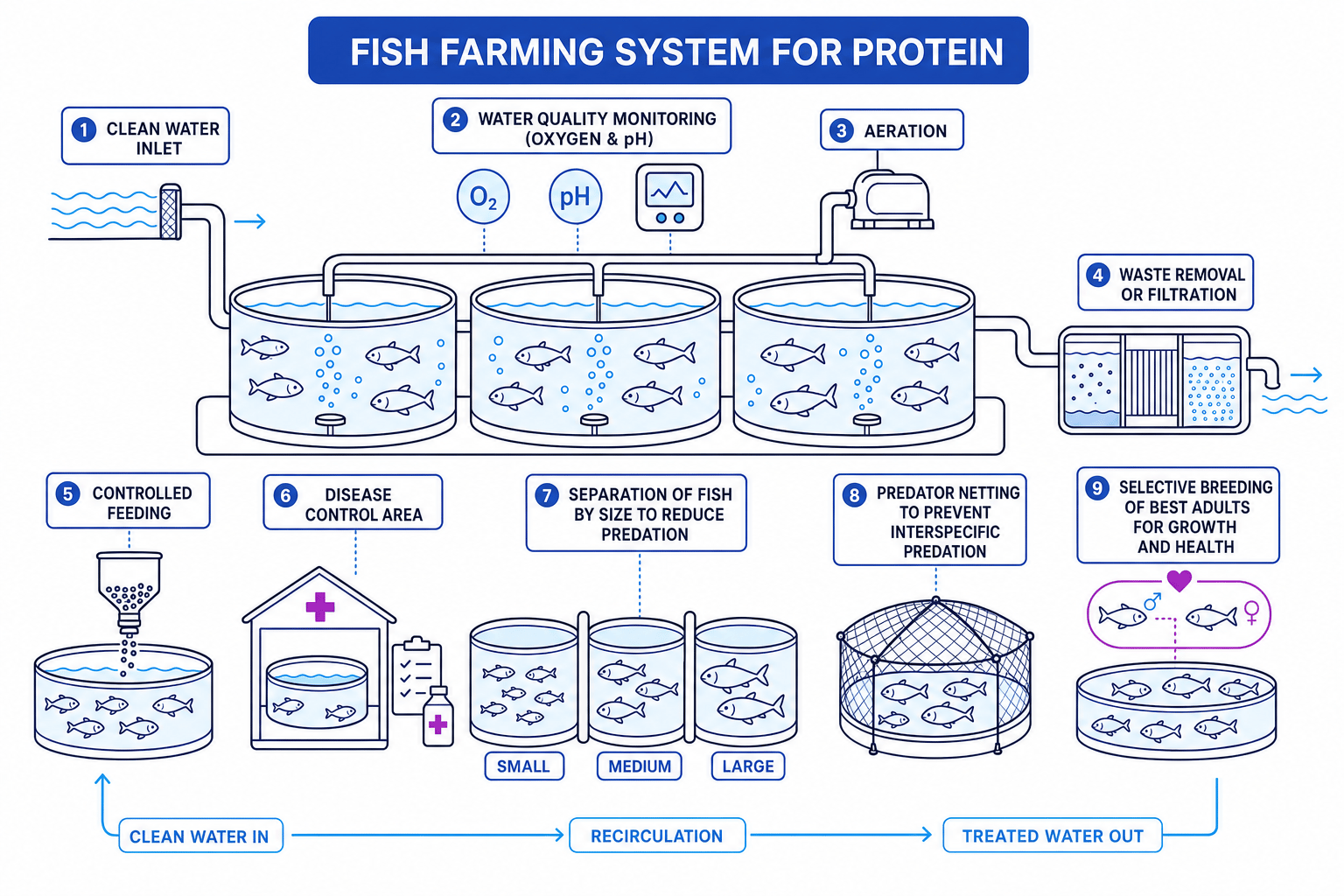 Labelled fish farming system showing water quality monitoring, aeration, waste removal, feeding, disease control, predator control and selective breeding