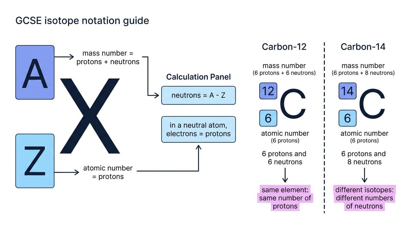 Guide to isotope notation showing mass number, atomic number, protons, neutrons and electrons, with carbon-12 and carbon-14 examples