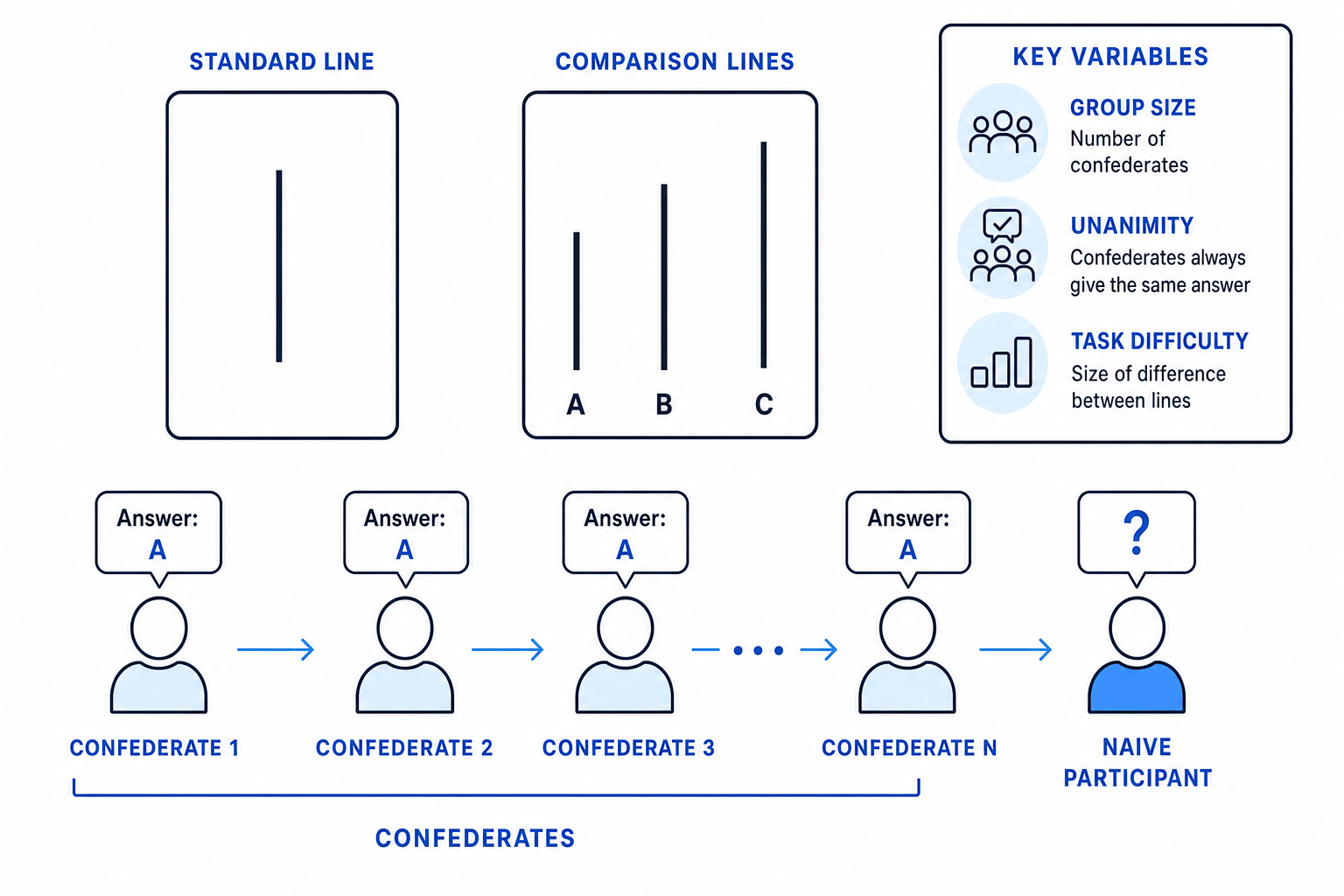 Schematic of Asch’s line judgement task with confederates and key variables