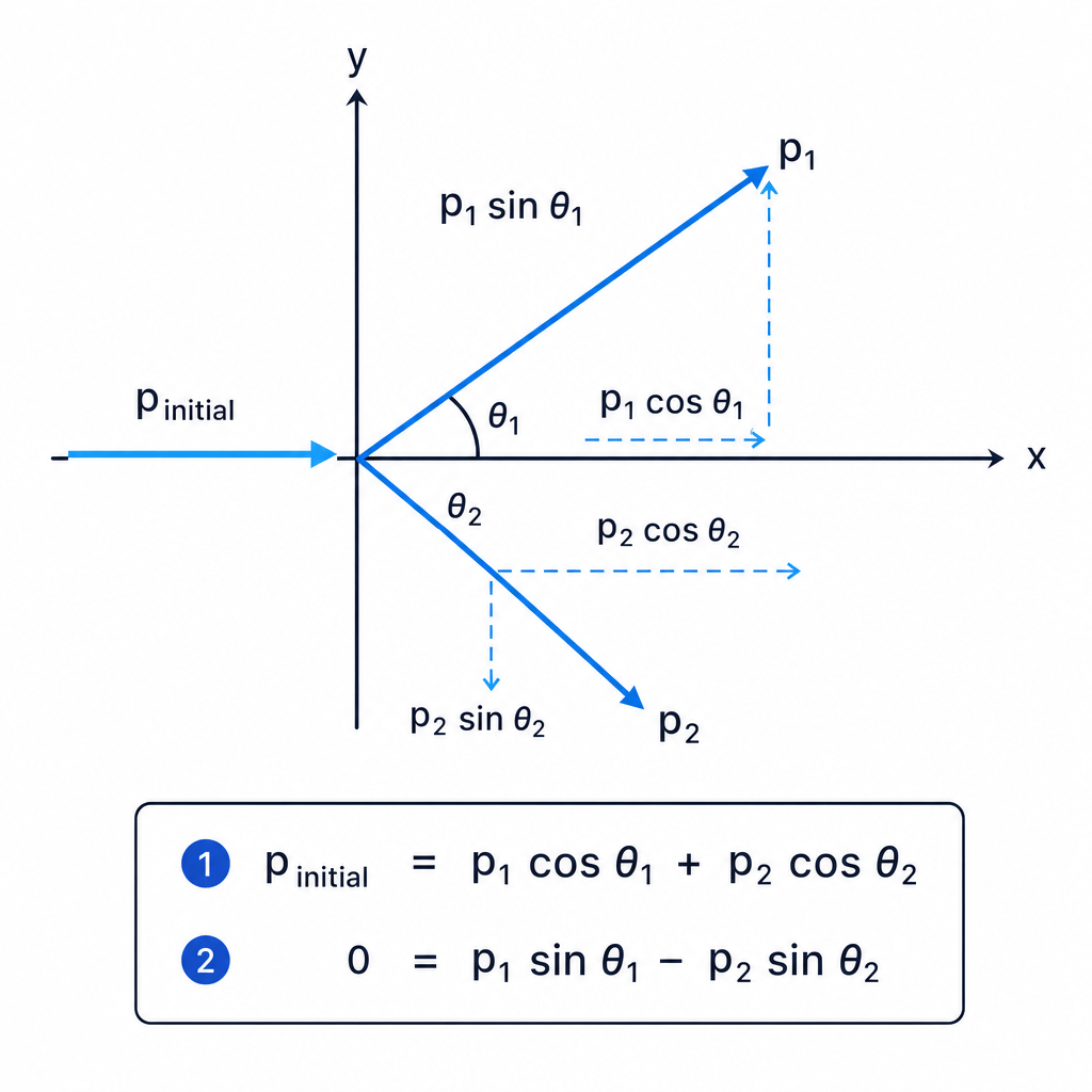 Two-dimensional collision with momentum components resolved horizontally and vertically