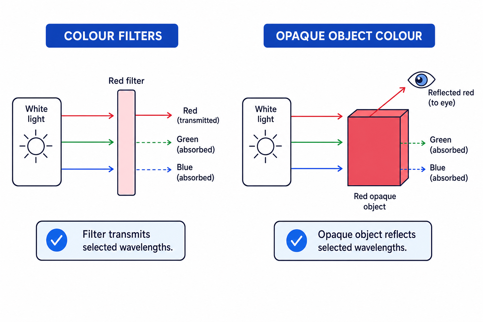 Diagram showing a red filter transmitting red light and absorbing green and blue, and a red opaque object reflecting red and absorbing green and blue