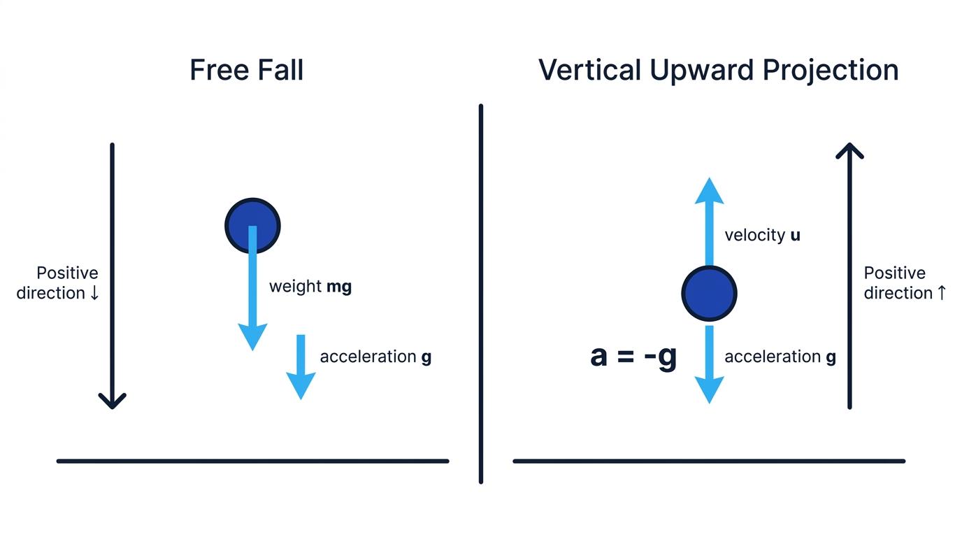 Two vertical-motion diagrams showing gravitational acceleration downward for a falling ball and for a ball projected upwards