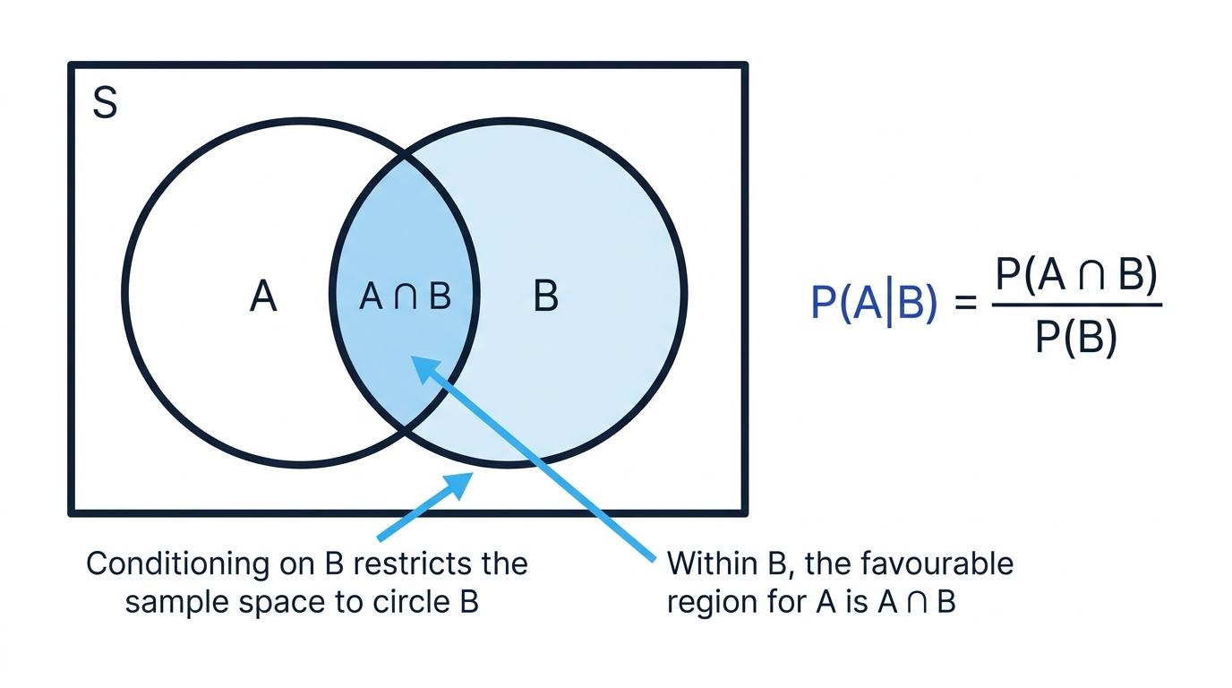 Venn diagram showing that conditioning on B restricts the sample space to B, with the intersection of A and B as the favourable region