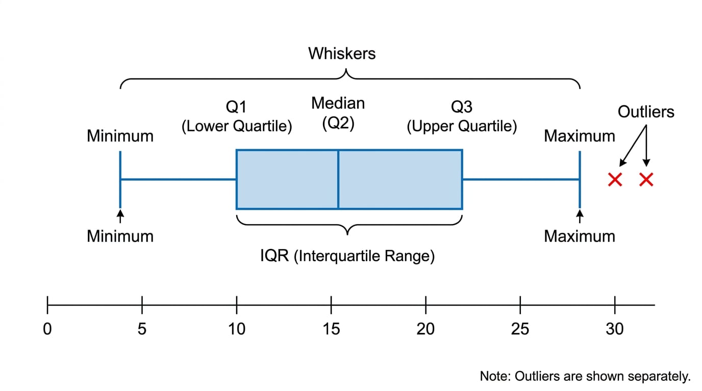 Annotated box plot showing quartiles, whiskers and outliers