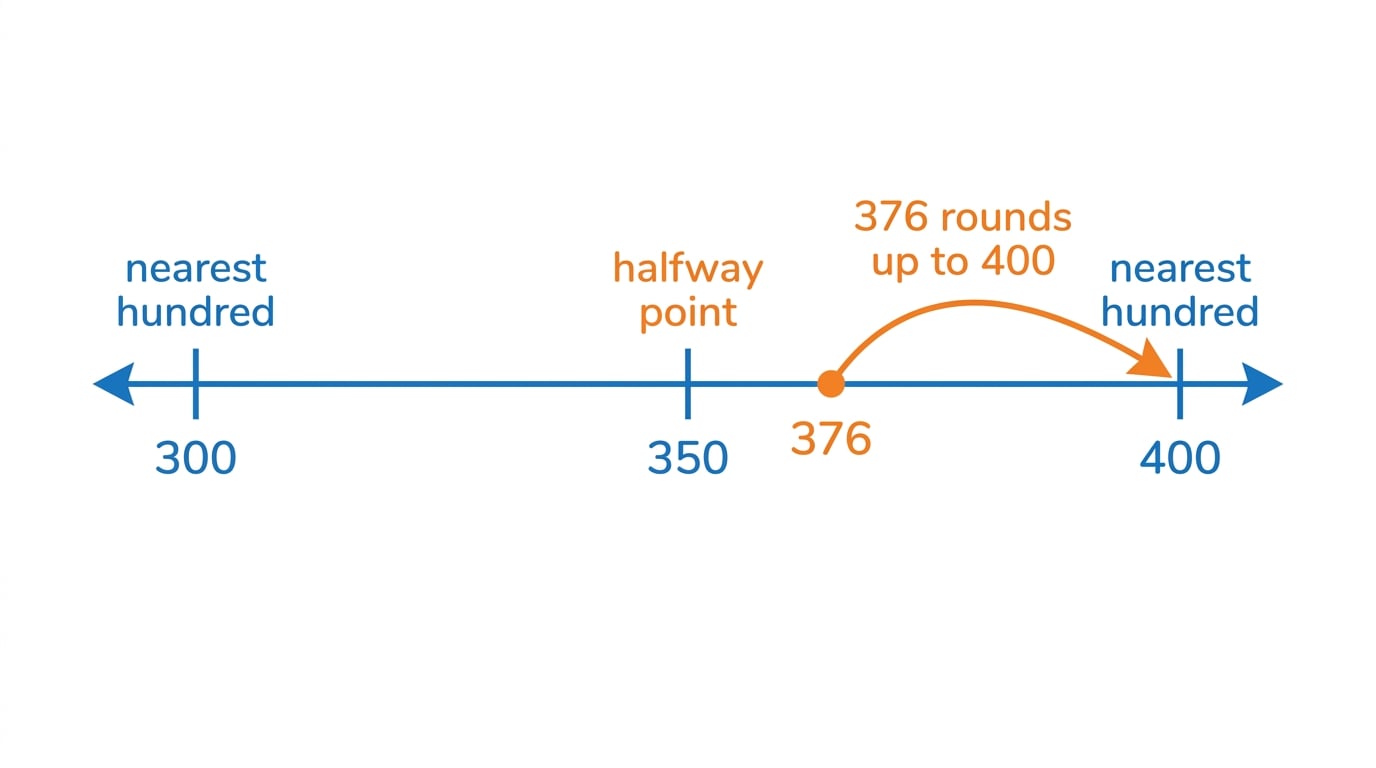 Number line showing 376 rounding to 400 because it is past the halfway point 350