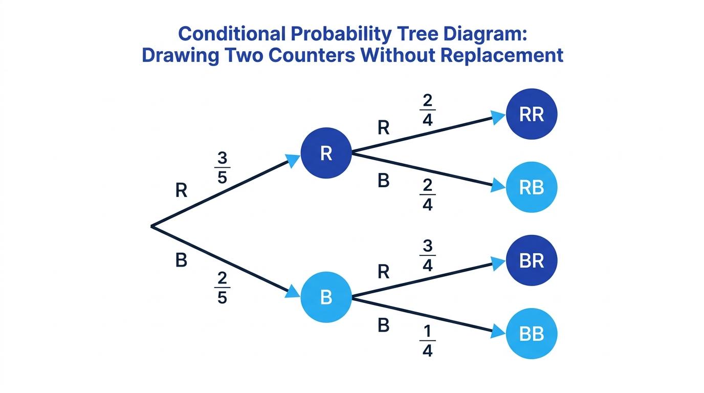 Probability tree for drawing two counters without replacement from three red and two blue counters