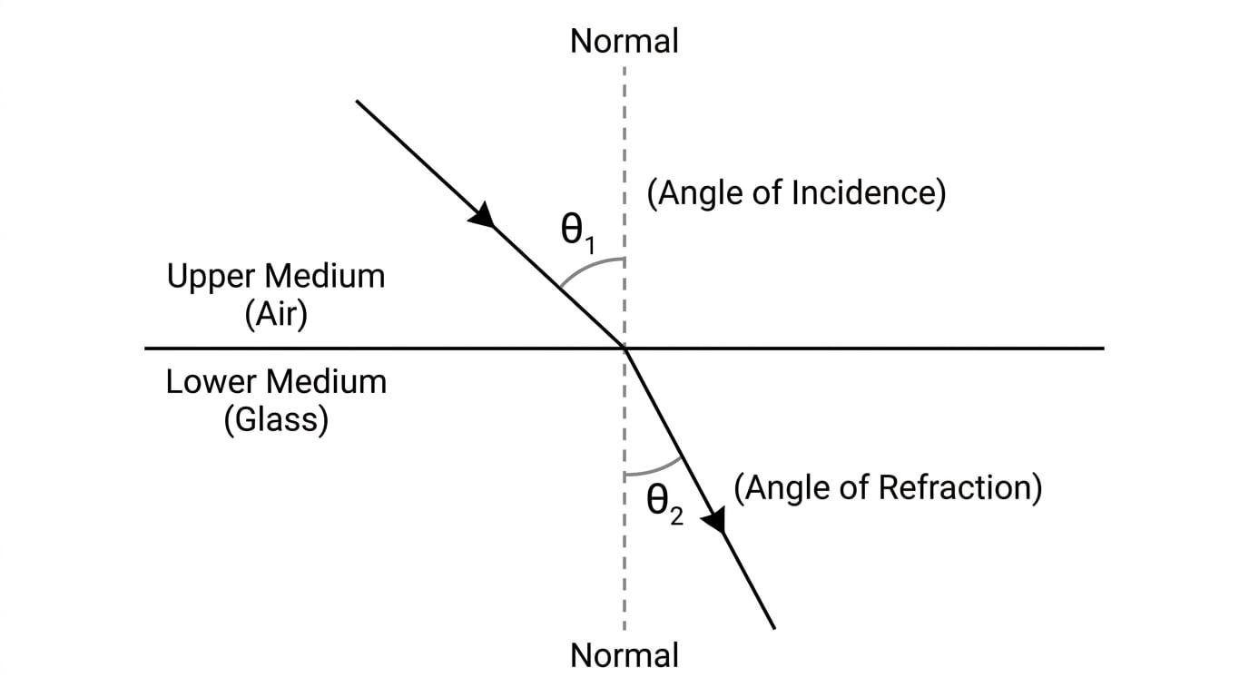 Diagram showing refraction of a light ray at a boundary