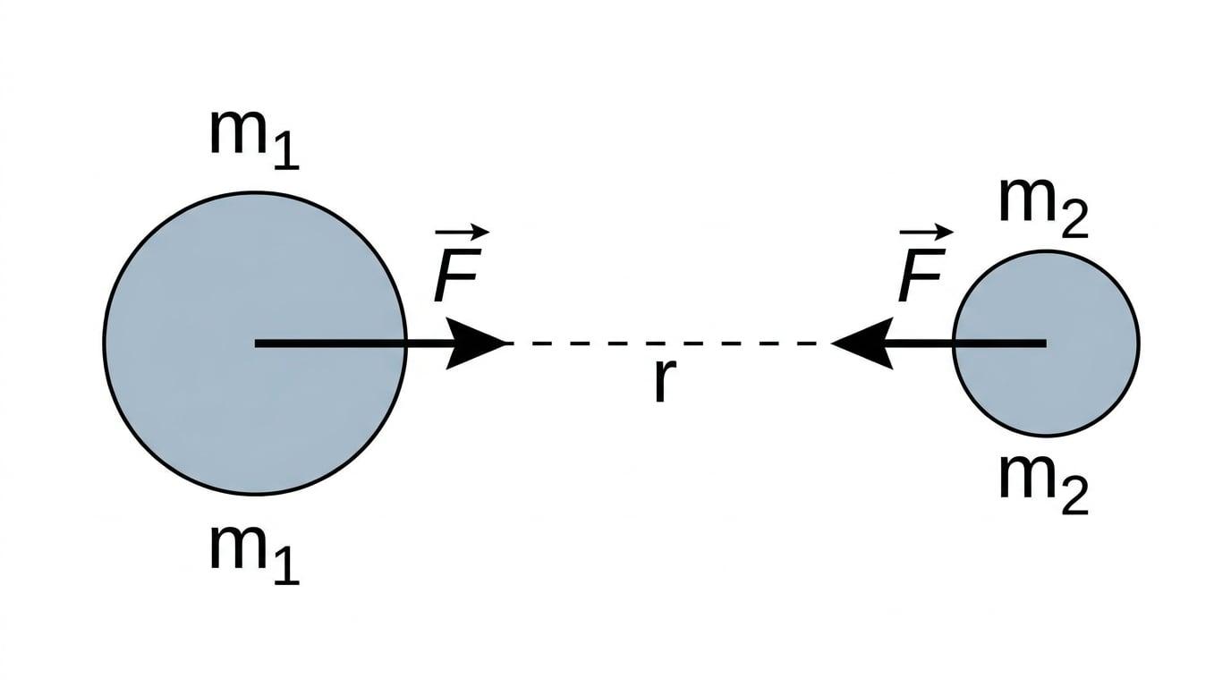 Diagram showing two spherical masses labelled m1 and m2, separated by a distance r measured from their centres