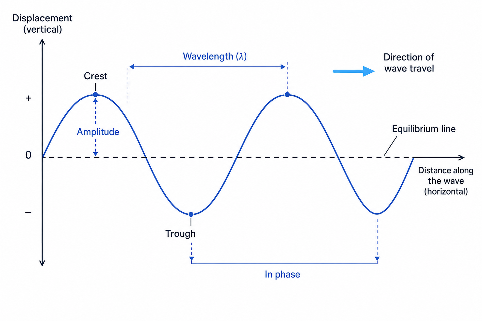 Labelled transverse wave showing amplitude, wavelength, crest, trough, equilibrium line and direction of travel