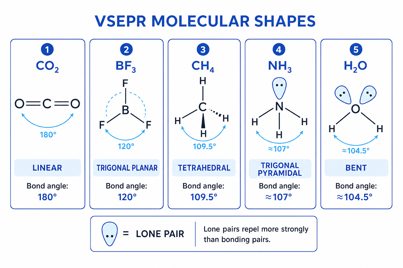 VSEPR molecular shapes for CO2, BF3, CH4, NH3 and H2O