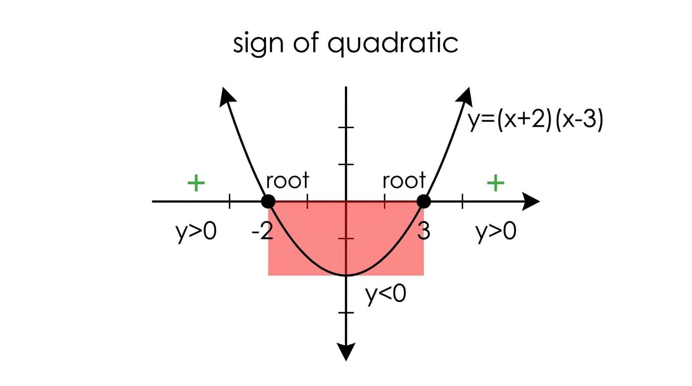 Quadratic sign diagram showing positive outside the roots and negative between them