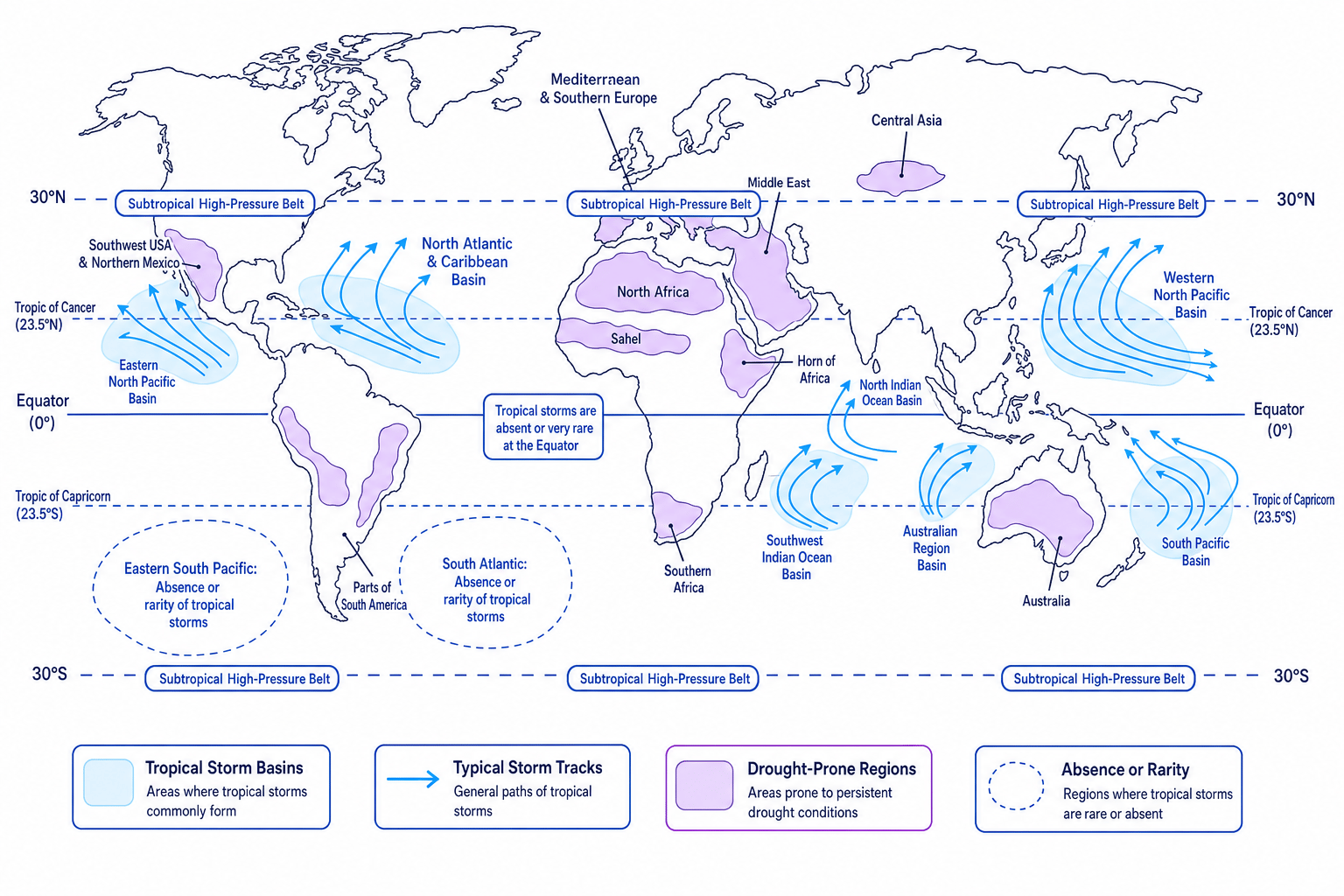 World map showing tropical storm basins, typical storm tracks, drought-prone regions and subtropical high-pressure belts
